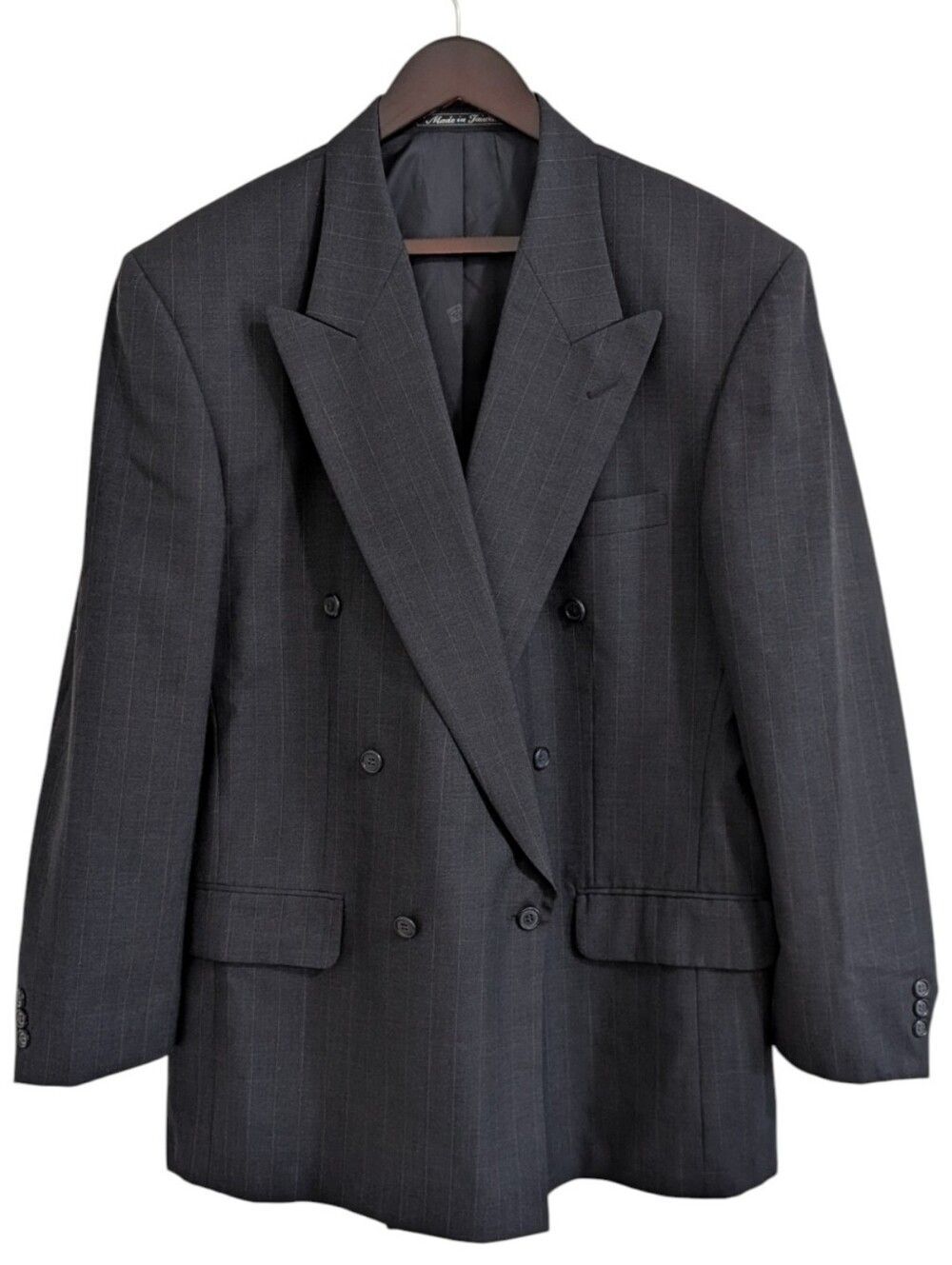 Vintage Pierre Balmain Charcoal Pinstripe Double Breasted Wool Blazer 44 Regular